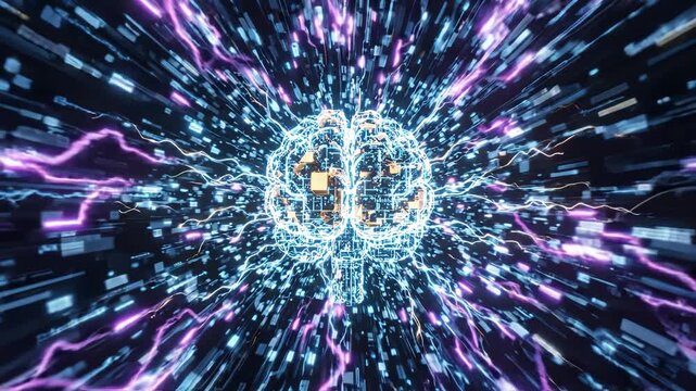 Futuristic Digital Brain in High-Speed Data Tunnel with Electric Neural Pulses
