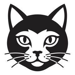 Black and white cartoon cat face with whiskers and pointed ears looking ahead icon © designer_hubs