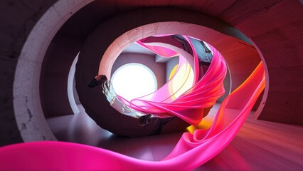 Fototapeta premium Spiral tunnel, bright light source. Pink fabric flows within concrete structure. Dramatic shadows, modern design, abstract composition.