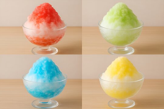 イチゴやメロンなど色鮮やかで涼しげなひんやり冷たいシロップかき氷4種コレクション