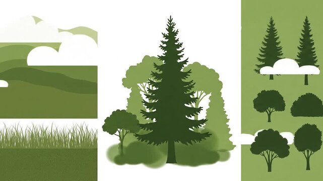 Flat design vector animation of green forest assets featuring pine trees, hills, grass, and moving clouds