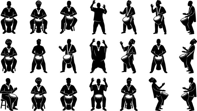 Traditional African Djembe Drummer Silhouette Icon Set with Ethnic Musician Tribal Performer And Cultural Festival Celebration Symbols For Musical Performance Vector Designs