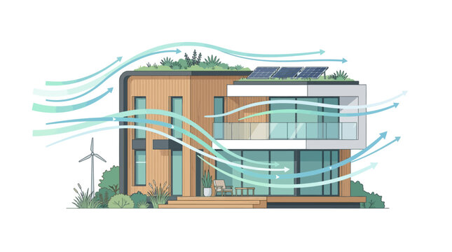 Wind flow simulation illustrates airflow around a modern minimalist house with solar panels