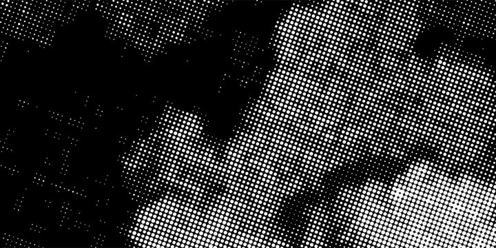 Grunge halftone overlay resembling cloud pattern. Black dot texture on white background. Vector asset for banner, template design.