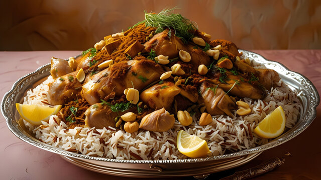 Delicious Chicken Kabsa Rice Dish with Peanuts and Lemon Slices, Middle Eastern Cuisine