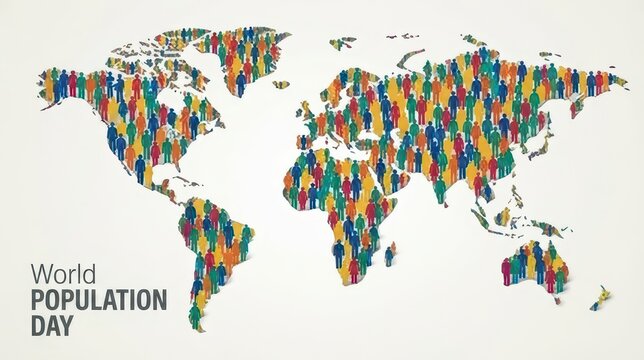Colorful world map with tiny people celebrating Population Day