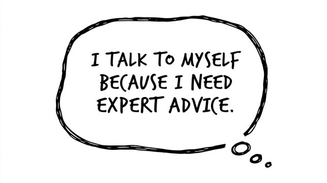 Expert Advice Cartoon: A hand-drawn thought bubble contains the humorous quote I TALK TO MYSELF BECAUSE I NEED EXPERT ADVICE, accompanied by small circles indicating ongoing thought.