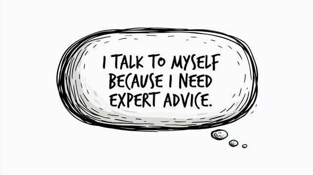 Thought Bubbles of Solitude: A hand-drawn speech bubble contains the humorous quote, I talk to myself because I need expert advice, suggesting self-reliance and introspection.
