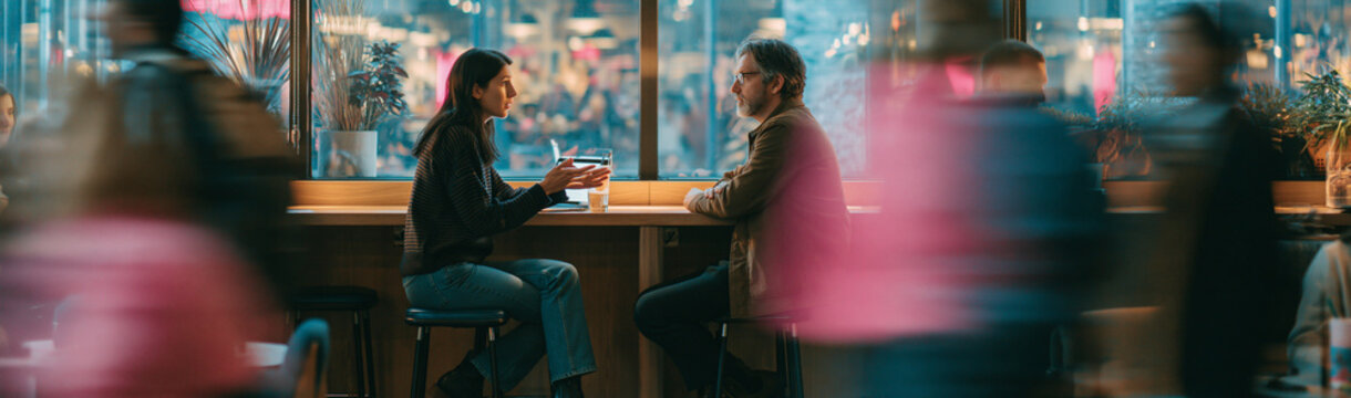 Cafe Conversation Amidst Bustle: A quiet moment shared between two individuals in a cozy cafe, framed by blurred motion of a bustling city street outside.