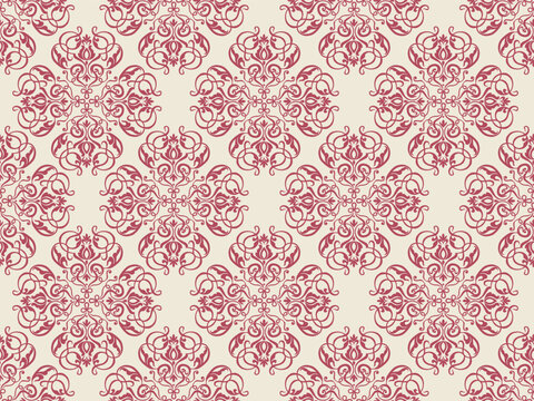 luxury vintage damask seamless pattern in burgundy red on cream beige background, classic baroque tile ornament vector illustration for wallpaper, fabric, and textile design.