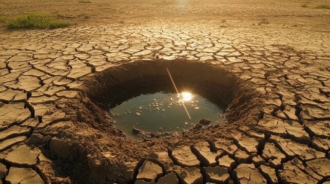 A small pool of water in a vast, cracked, and arid landscape, symbolizing drought and water scarcity.