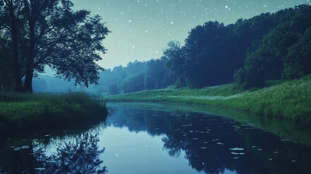 A serene nighttime river landscape illuminated by a starry sky and soft moonlight, evoking tranquil peace