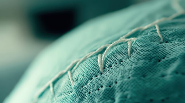 Detailed close-up of fresh surgical stitches on medical fabric, showcasing the healing process and intricate suture detail