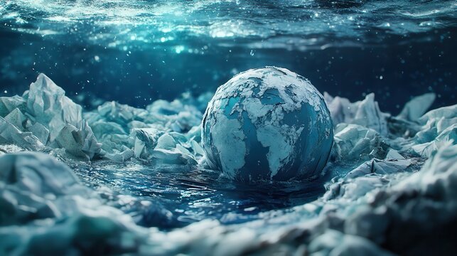 Frozen Earth World Amidst Melting Ice and Water, Symbolizing Climate Change Crisis