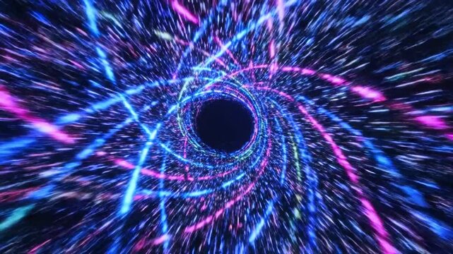 Abstract Cosmic Warp Speed Tunnel with Glowing Neon Light Streaks and Galactic Black Hole Void