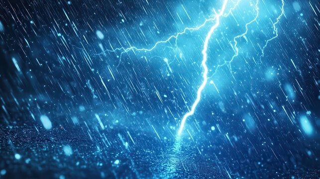 Intense lightning strike illuminates a torrential rain storm at night