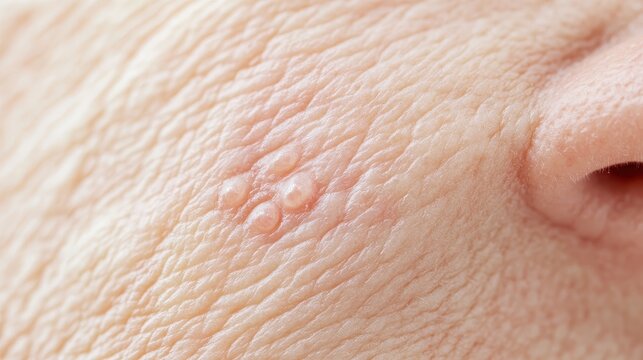 Macro close-up of aging skin texture with uneven pigmentation and developing sunspots, highlighting dermatological details under diffused studio lighting