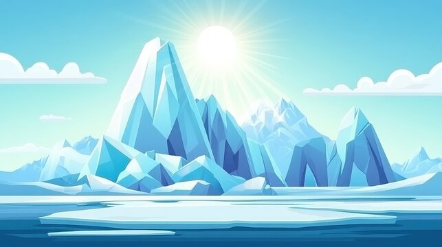 Majestic Arctic Glacier Landscape Under a Brilliant Sun, Illustrating Climate Change Impact and Melting Ice Caps.