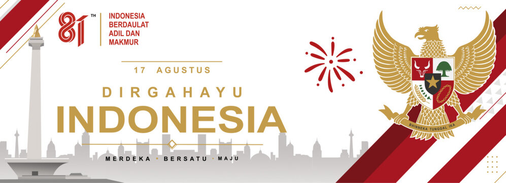 Indonesia 81st Independence Day 2026 Banner with Garuda Pancasila and Patriotic Typography. patriotic typography, and red white accents for August 17 celebrations, commemorative promotions.
