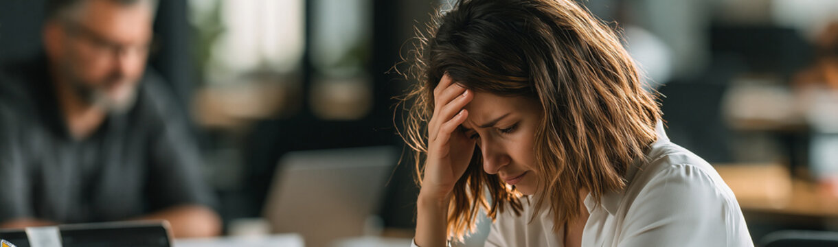 Stressful Business Meeting: A woman clutches her head in despair during a tense business meeting, her expression reflecting deep stress and concern.