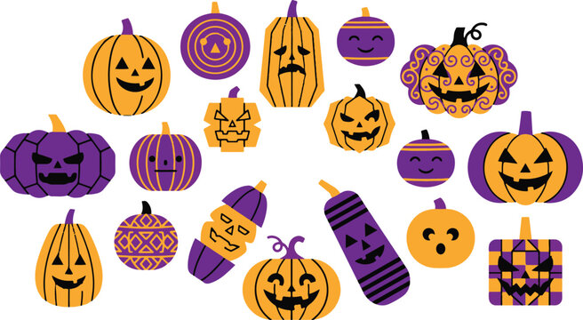 Festive halloween jack o' lanterns colorful pumpkin patch illustration for autumn celebrations and spooky designs