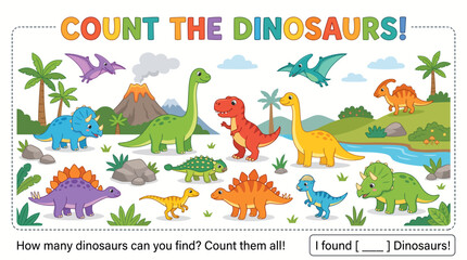 Count the Number of Dinosaurs Educational Worksheet for Kids with Cute Cartoon Dinosaur Characters and Math Learning Activity © suka