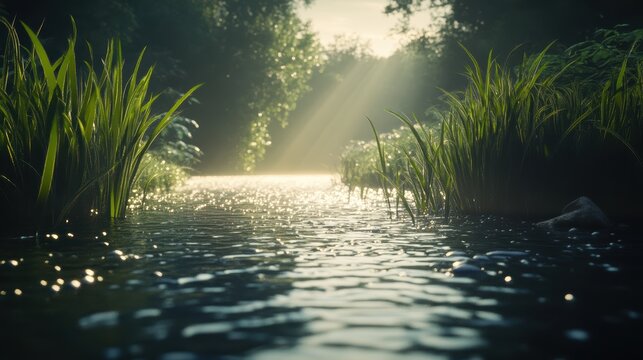 Sunlight filters through trees casting ethereal rays onto a serene river surface with lush green foliage