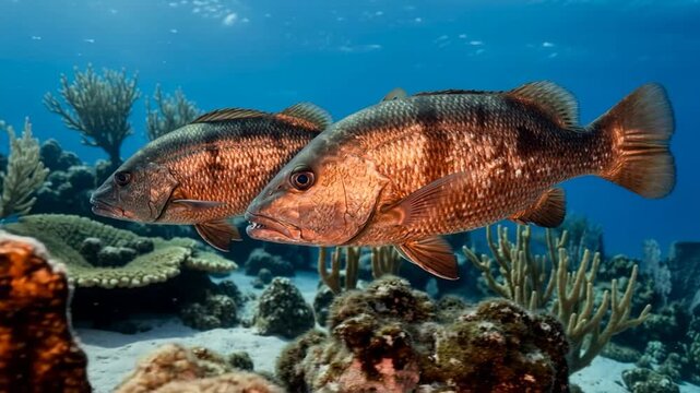 two cubera snapper fish in caribbean coral reef underwater morning light close up video