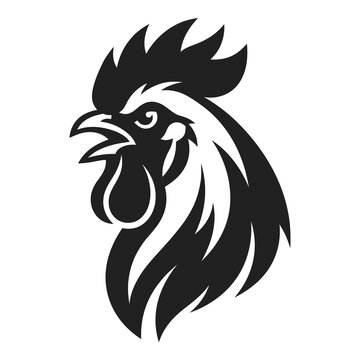 Rooster head in black and white stylized illustration side view icon