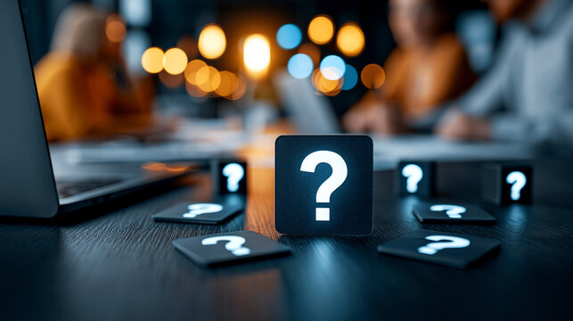 Unraveling the Mystery: A collection of question mark symbols are scattered on a dark surface, symbolizing a complex problem or a moment of confusion.