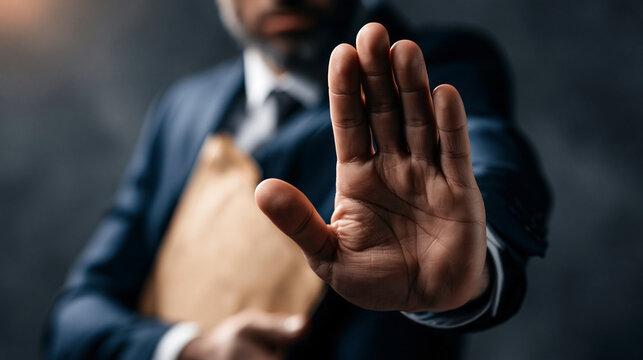 Corrupt Businessman Refused Bribe: A serious businessman in a suit holds a brown envelope and holds out his hand in a stopping gesture, rejecting a bribe and upholding integrity.