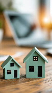 Two tiny mint green houses sit on a wooden desk in front of a blurred laptop screen, symbolizing real estate investment or housing opportunities