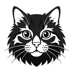 Stylized illustration of a cats face with long fur and whiskers on white icon © designer_hubs