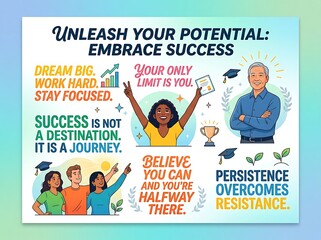 Naklejka premium Motivational poster with diverse team and success quotes.