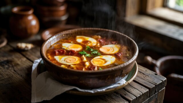 Spanish cuisine. 
Castilian garlic chowder (Sopa castellana or Sopa de ajo) is one of the most iconic, simple and warming dishes of traditional Spanish cuisine.