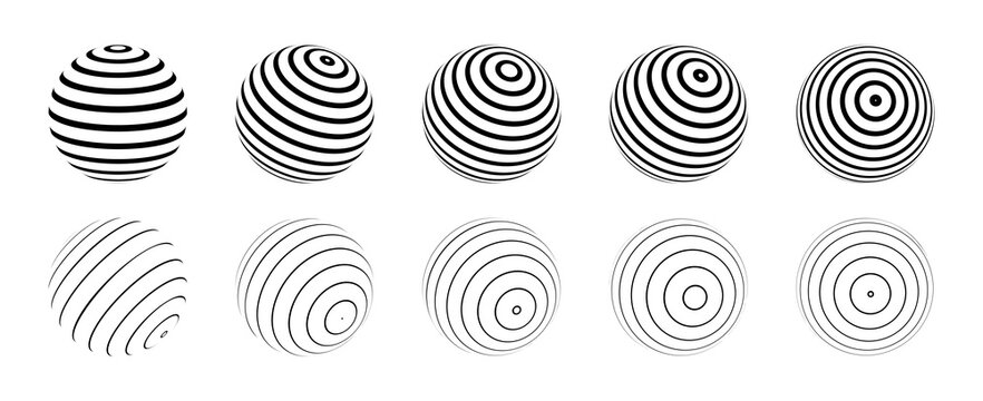 Abstract striped wireframe sphere collection with concentric circular line geometry in multiple perspectives. Modern optical illusion globe set for technology, branding and geometric vector design.