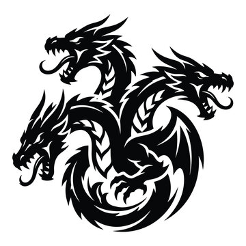 Three headed dragon silhouette with sharp teeth and claws on white icon