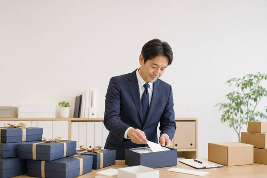 お歳暮,歳暮,冬ギフト,贈り物,ギフト,ギフトボックス,贈答品,贈答用,熨斗,のし紙,包装,ラッピング,百貨店,デパート,年末,12月,日本文化,季節行事,感謝,お礼,取引先,会社,ビジネスギフト,親戚,家族,上司,部下,友人,宅配,配送,ハム,ビール,お菓子,果物,海産物,高級ギフト,手土産,紙袋,冬,年末年始,日本人女性,日本人男性,笑顔,マナー,贈答マナー,ライフスタイル,写真素材,冬イメー