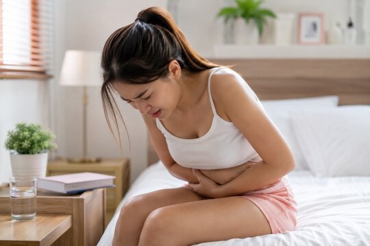 Young woman suffering abdominal pain while sitting on bed at home