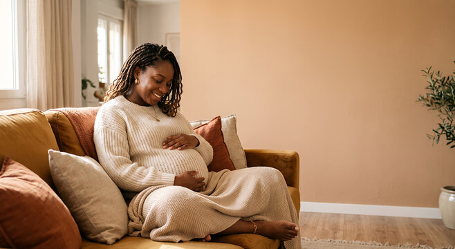 Pregnant woman relaxing on sofa cradling belly at home