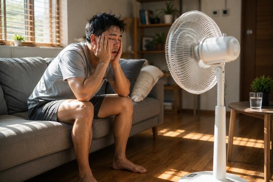 Exhausted man cooling off with electric fan during summer heatwave at home
