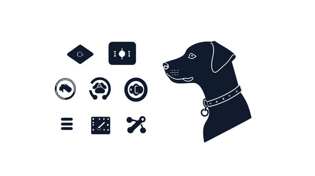 Dog's profile silhouette, adorned with a collar, next to a collection of dark-themed UI icons