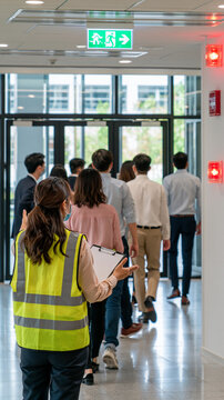 Emergency Exit Guidance: A safety warden in a high-visibility vest directs a line of people towards the illuminated green emergency exit sign, ensuring an orderly evacuation.