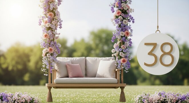 Floral swing in sunny garden