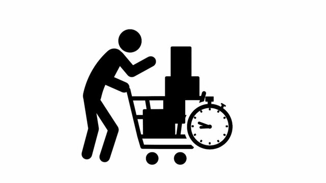 Panic buying icon featuring person holding shopping cart filled with boxes and stopwatch. Visual representation of excessive purchasing and urgent shopping behavior.