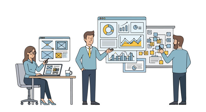 Three professionals collaborate in an office, analyzing digital data dashboards, website wireframes, and complex flowcharts for business strategy.