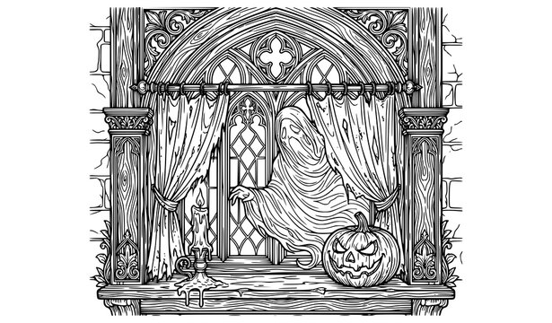 Detailed gothic window with ghost and pumpkin coloring page outline vector