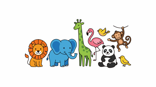 Collection of cartoon animals including lion elephant giraffe flamingo panda monkey and birds