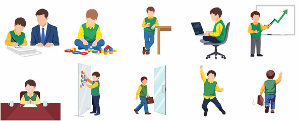 Fototapeta premium Young Boy as Little Businessman and Entrepreneur in Various Office Situations Set