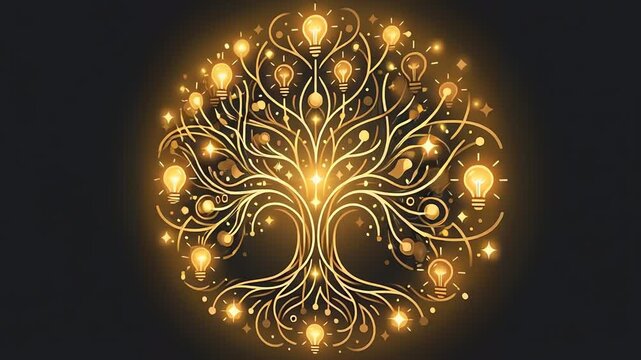 Golden glowing tree of ideas forming a human brain with light bulbs